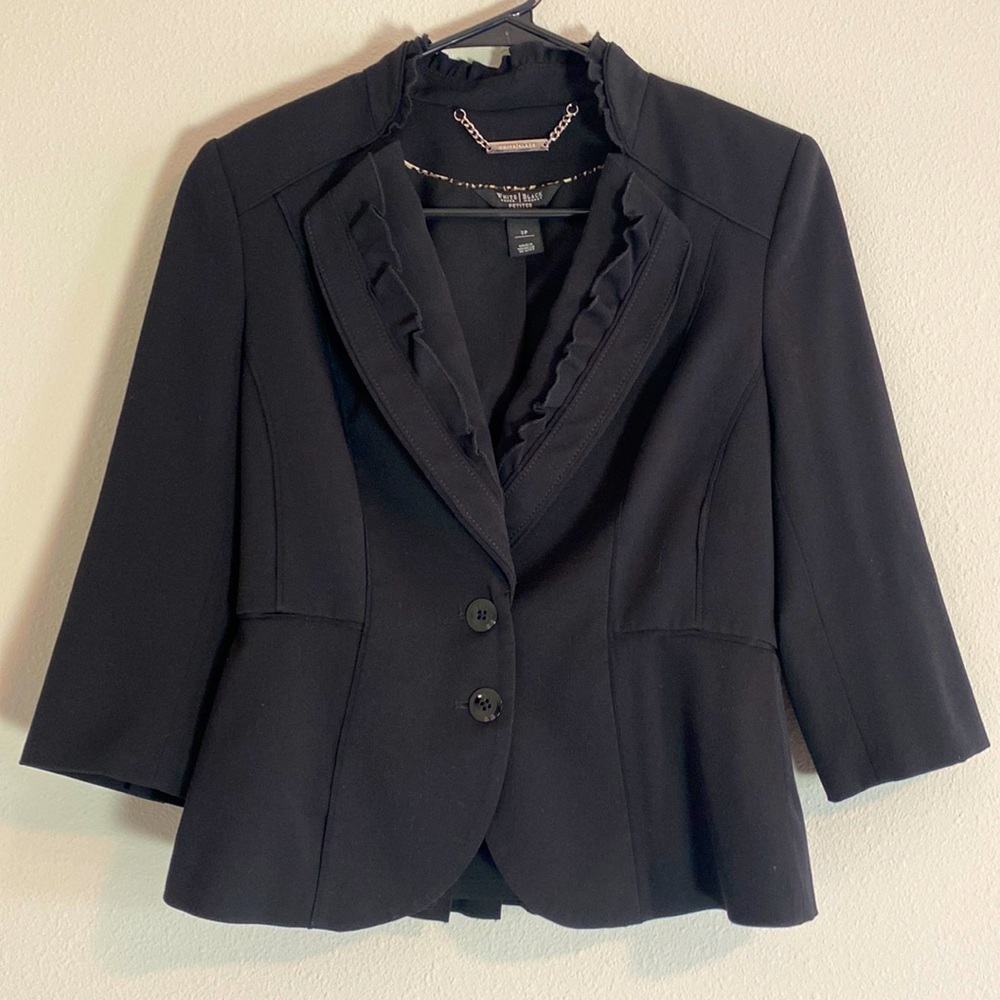 White House Black Market Stand Collar Ruffled Blazer Jacket 3/4 Sleeve Size 2P